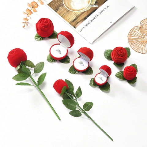 Portagioie Romantico a Forma di Rosa in Velluto Flaccato Scatola Regalo per Anello di Fidanzamento Matrimonio Orecchini con Stelo