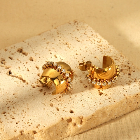 Pendientes de Botón en Forma de C de Acero Inoxidable con Circonia Bañados en Oro 18K Joyas de Moda para Mujer