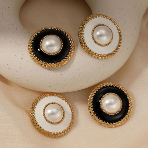 Orecchini A Lobo Rotondi In Acciaio Inossidabile Vintage Con Smalto E Imitazione Perla Artificial Stile Francese Per Donna