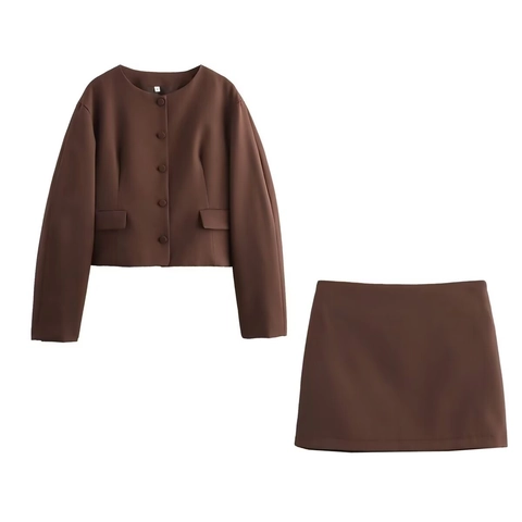 Retro Polyester Jas En Rok Set Ronde Hals Single Breasted Lange Mouwen Mini A-Lijn Bruin Casual Outfit