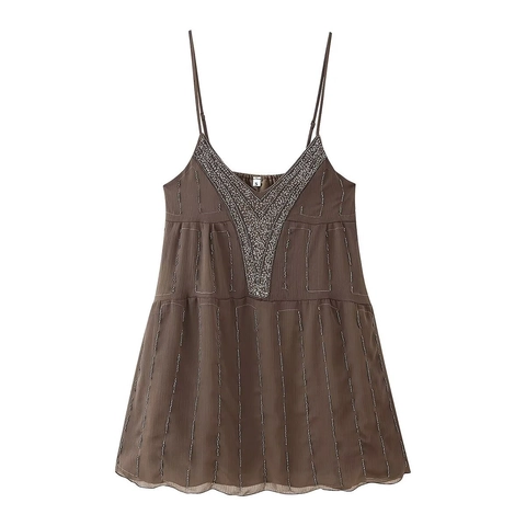 Vestito Mini In Chiffon Con Perline E Paillettes Da Donna Scollo A V Spalline Regolabili Stile Bohemien Vacanza Elegante