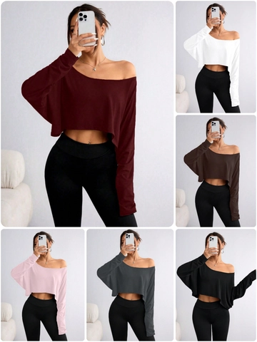 Women One Shoulder Crop Top Long Sleeve Polyester Spandex Milk Satin Fabric Solid Color Casual Sexy Shirt