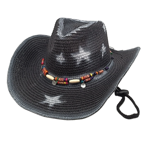 Western Cowboy Straw Hat With Star Pattern Ethnic Beads Band Wide Brim Sun Protection Outdoor Unisex Jazz Fedora Hat