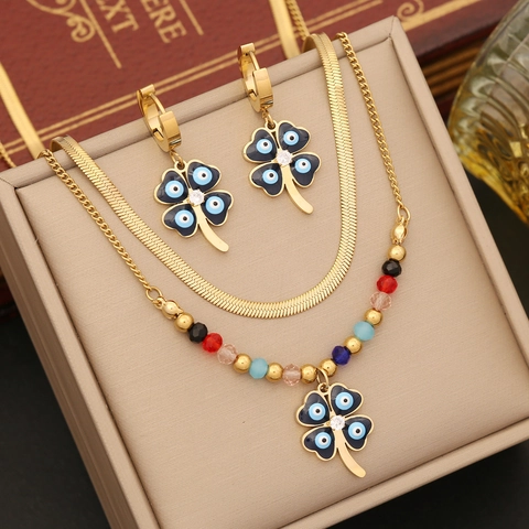 Stainless Steel Double Layer Necklace Earrings Hamsa Hand Evil Eye Pendant Gold Plated Colorful Beads Jewelry For Women