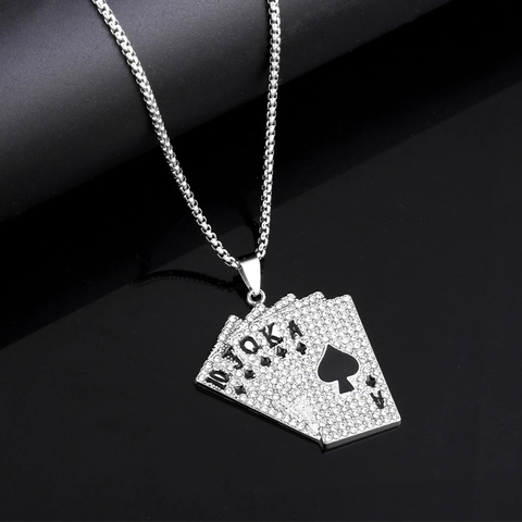 Poker Card Royal Flush Pendant Necklace Alloy Encrusted With Rhinestones Stainless Steel Box Chain Hip Hop Street Style