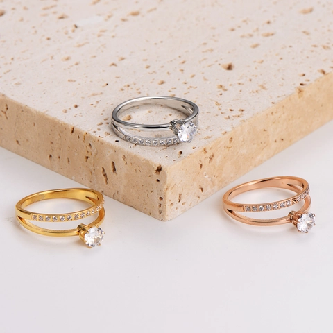 Double Layer Stainless Steel Ring For Women Round Zircon Solitaire Micro Pave Elegant Simple Band