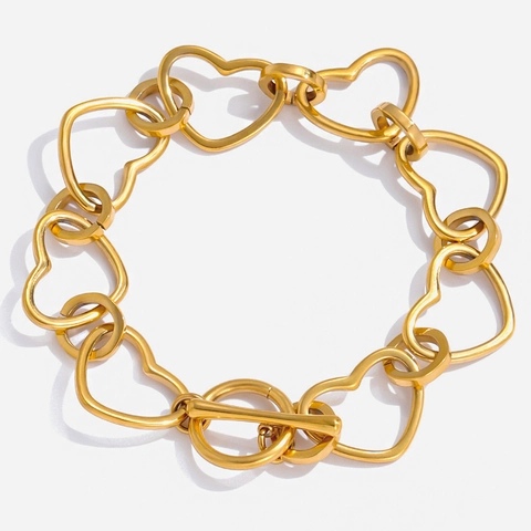 Pulsera De Eslabones De Corazón De Acero Inoxidable Chapada En Oro De 18K Cierre De Palanca Joyería Hipoalergénica Mujer