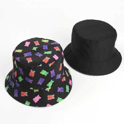 Wendbarer Anglerhut Baumwolle Polyester Cartoon Bär Druck Sonnenschutz Sommer Reise Outdoor Streetwear Unisex