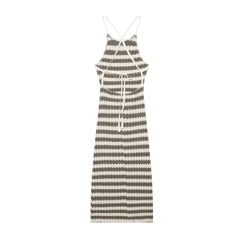 Halter Strick Maxi Kleid Rückenfrei Gestreift Schlanke Passform Ärmellos Metallfaden Elegant Damen Sommer