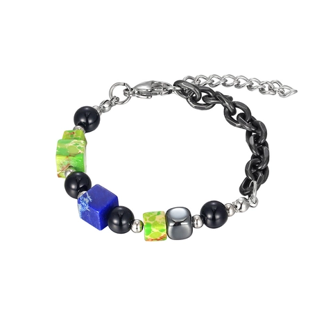 Vintage 3D Cube Stone Bead Bracelet Titanium Steel Matte Black Chain Hip Hop Punk Jewelry For Men Women