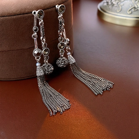 Long Tassel Drop Earrings With 925 Sterling Silver Earring Post Alloy Rhinestone Vintage Bohemian Style For Women