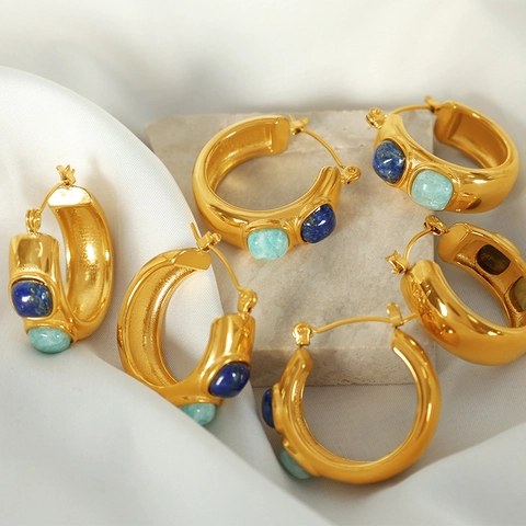 Creolen Goldbeschichtet Edelstahl Naturstein Lapislazuli Amazonit Klobig C-Form Retro Edelstahl Earring Post