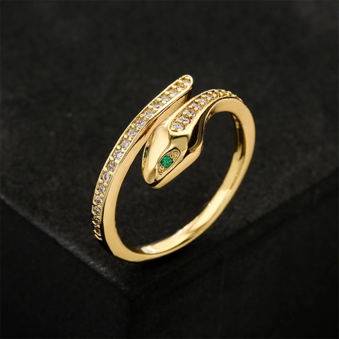 Schlangenförmiger Offener Ring Kupfer 18K Vergoldet Grüne Zirkon Augen Weißer Zirkon Modisch Verstellbar Schmuck Für Damen