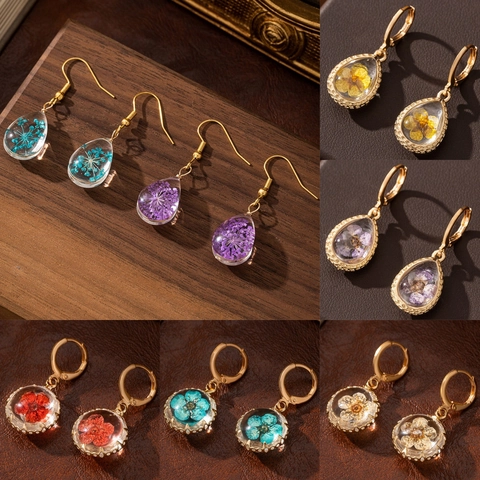 Preserved Dried Flower Drop Earrings Vintage Copper Glass Ball Teardrop Handmade Nature Inspired Jewelry For Women