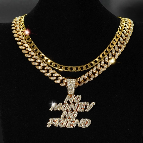 Collana con Pendente NO MONEY NO FRIEND Iced Out Hip Hop Lega di Zinco Maglia Cubana Doppio Strato Gioielli Streetwear Unisex