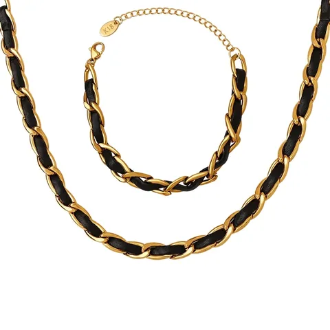 Geflochtene Lederkette Halskette Und Armband Titanstahl 18K Vergoldet Eleganter Ins-Stil Schmuck Für Damen