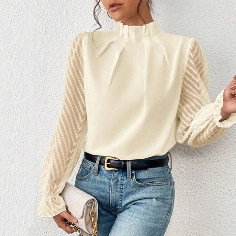 Elegante Stehkragen Bluse Top Mesh Patchwork Transparente Wellenstruktur Langarm Für Damen