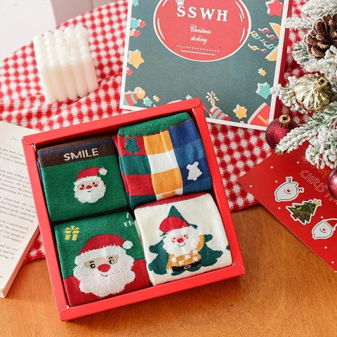 Calcetines Navidad Algodón Punto Media Pierna Papá Noel Argyle Dibujos Animados Cálido Regalo Festivo