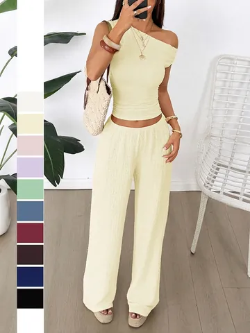 Damen Ein Schulter Ärmelloses Oberteil Und Weite Hose Mit Hoher Taille Strukturierter Plissee Sommerurlaub Casual Outfit