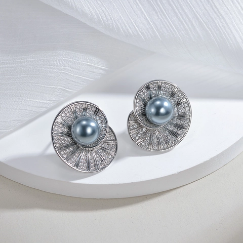 Luxe Koperen Oorknopjes Met 925 Sterling Zilver Stift Ingelegde Zirconia Kunstparel Overdreven Ronde Vrouwen Sieraden