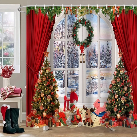 Christmas Bathroom Decor Waterproof Polyester Shower Curtain And Non Slip Flannel Rug Mat Reindeer Santa Snowflake Pattern Holiday