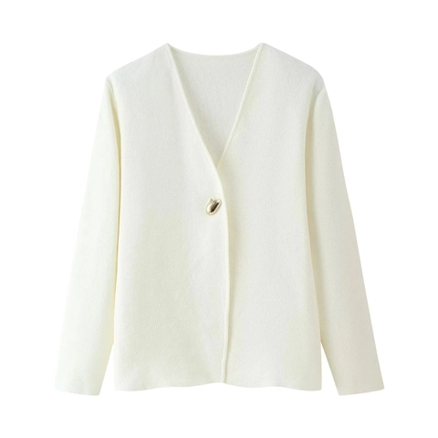 Women Asymmetric Knitted Cardigan Deep V Neck Long Sleeve Gold Button Slim Fit Elegant Solid Color Sweater Jacket