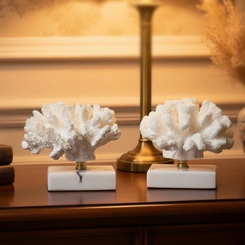 White Coral Sculpture Resin Ornament With Marble Glass Resin Base For Home Office Table Desktop Decor Modern Luxury Style