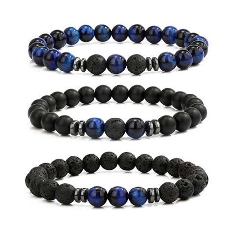 Natural Tiger Eye And Volcanic Lava Stone Beaded Bracelet With Alloy Spacers Retro Elastic Handmade Jewelry For Men And Women