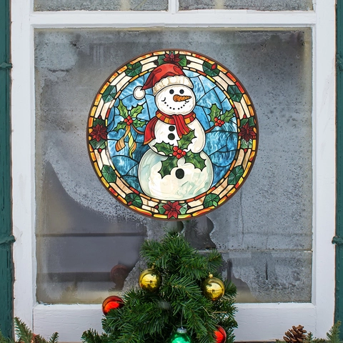 Christmas Snowman Round Window Sticker PVC Stained Glass Style Holiday Decoration Removable Wall Decal Festive Home Art