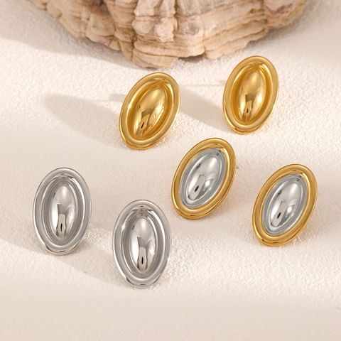 Geometrische Ovalen Roestvrijstalen Knopoorbellen 18K Verguld Gelaagd Spiegelgepolijst Minimalistische Sieraden Voor Dames