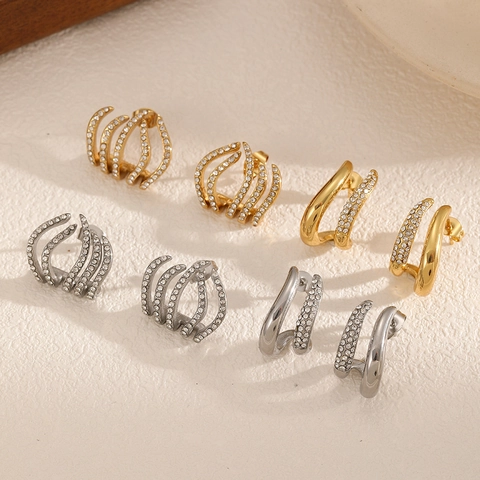 Edelstahl Ohrstecker Mit Pavé-Strasssteinen Mehrklauen-Lagen-Bogenlinie Luxus Mode Schmuck Für Damen