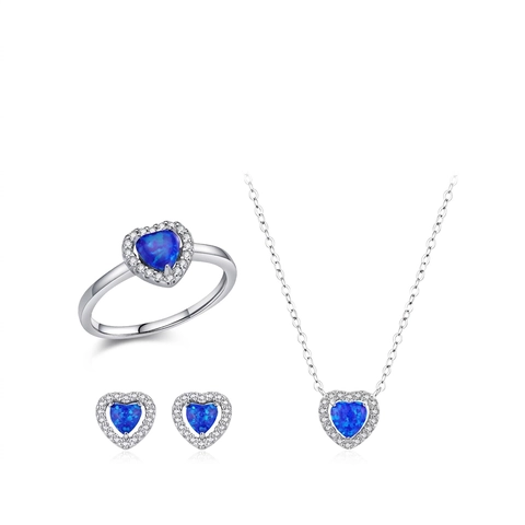 925 Sterling Silber Herz Halskette Ring Und Ohrstecker Mit Blauem Opal Weißen Zirkonia Eleganter Schmuck Für Damen