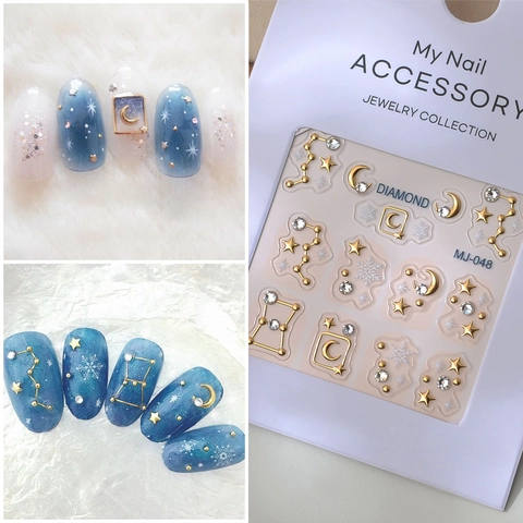 5D Relief Constellation Nail Art Stickers Stars Moon Gold Silver Stamping Rhinestone Plastic Elegant Manicure Decals