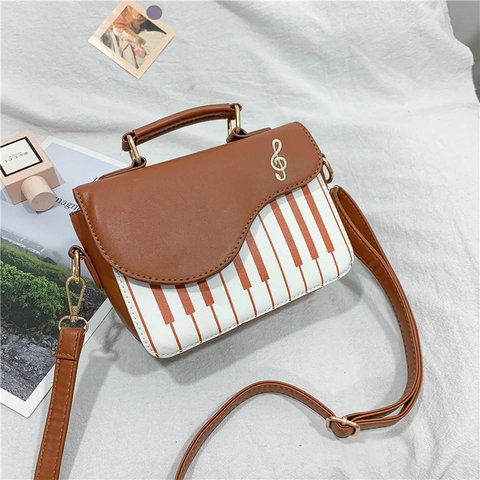 Women Shoulder Bag PU Leather Piano Keyboard Print Music Note Embroidery Crossbody Handbag Fashion Versatile Contrast Color
