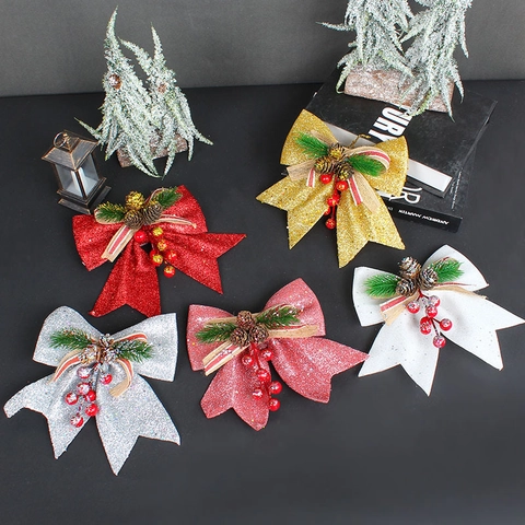 Christmas Bow Ornaments With Glitter Foam Natural Pinecone Red Berries And Pine Needles For Tree Window Home Decor Festive Hanging