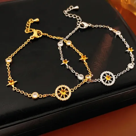 Bracelet À Pendentif Boussole Étoile À Huit Branches Cuivre Avec Zircon Chaîne Fine Réglable Bijoux De Mode Pour Femmes
