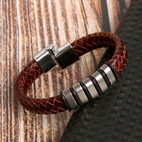 Braided Genuine Leather Bracelet For Men With Stainless Steel Beads And Magnetic Alloy Buckle Punk Trendy Jewelry
