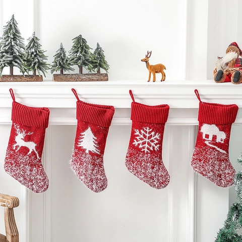 Calze Di Natale In Nylon Lavorato A Maglia Ornamenti Appesi Decorazione Natalizia Motivo Renna Albero Casa Fiocco Di Neve Sacchetti Regalo