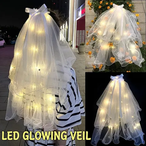 LED Glowing Wedding Veil Mesh Tulle Ribbon Bow Luminous Bridal Headpiece For Bachelorette Party Photoshoot Artificial Pearl Decor