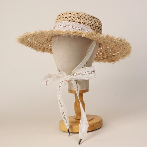 Chapeau De Paille En Raphia Toit Plat Bord Large Avec Ruban En Dentelle Florale Respirant Vacances Plage Été Femmes