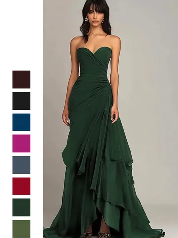 Women Strapless Evening Dress Ruched Waist Layered Ruffle Hem Floor Length Polyester Chiffon Solid Color Party Prom Gown