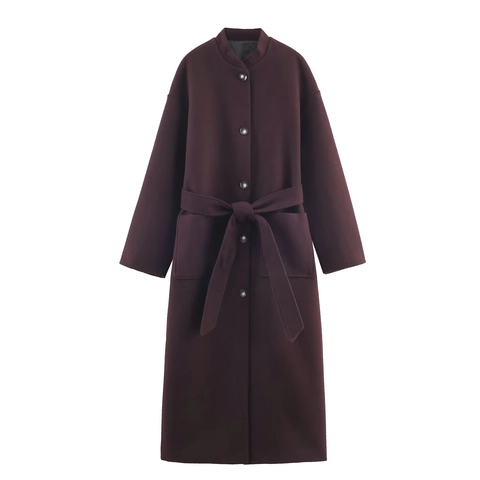 Women Long Woolen Coat Elegant Stand Collar Single Breasted Belted Waist Fashion Solid Color Outerwear With Pockets