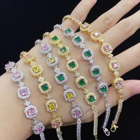 Luxurious Colored Zirconia Princess Square Bracelet For Women Silver Gold Plated Pave Rhinestone Tennis Bracelet Jewelry
