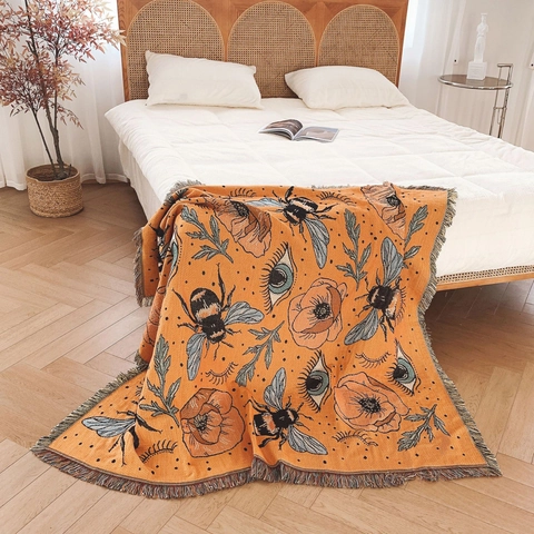 Gewebte Baumwolldecke Bienen Blumenmuster Boho Quasten Multifunktionale Camping Picknick Sofaüberwurf Vintage Dekorative