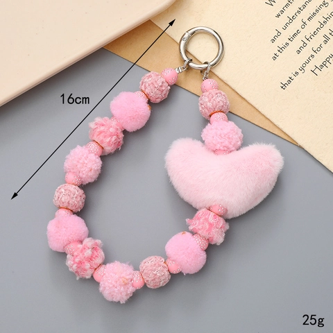 Fashion Plush Heart Beaded Keychain For Women Cute Pom Pom Wood Bead Bag Charm Handbag Ornament Phone Lanyard Accessories