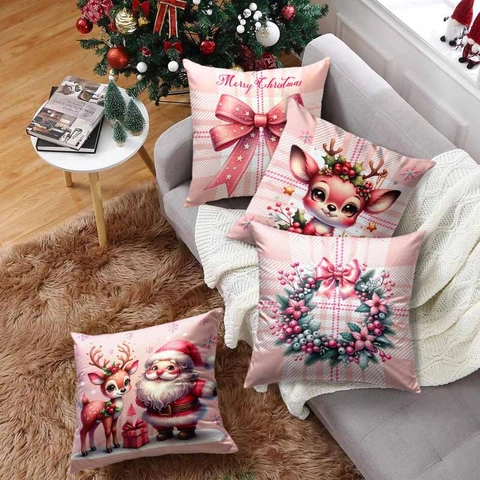 Rosa Weihnachten Kissenbezug Weihnachtsmann Rentier Muster Kurzplüsch Weich Kissenhülle Deko Quadratisch Reißverschluss