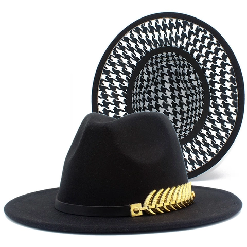 Vintage Double Sided Houndstooth Cotton Polyester Fedora Hat For Men Women Fashion Jazz Hat With Gold Leaf Buckle Warm Cap