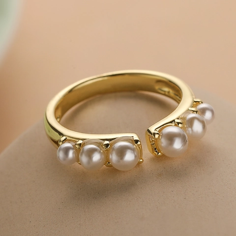 Minimalist Geometric Adjustable Open Ring Copper Gold Plated With White Faux Artificial Pearls Retro Elegant Jewelry For Women