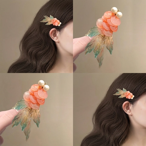 Goldfish Hair Clip Chinese Style Resin Liuli Flower Hairpin Vintage Elegant Side Clip With Artificial Pearl For Women Girls