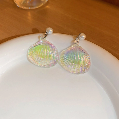 Iridescent Shell Dangle Earrings With Imitation Artificial Pearl And Silver Earring Post Sweet Ocean Style For Women